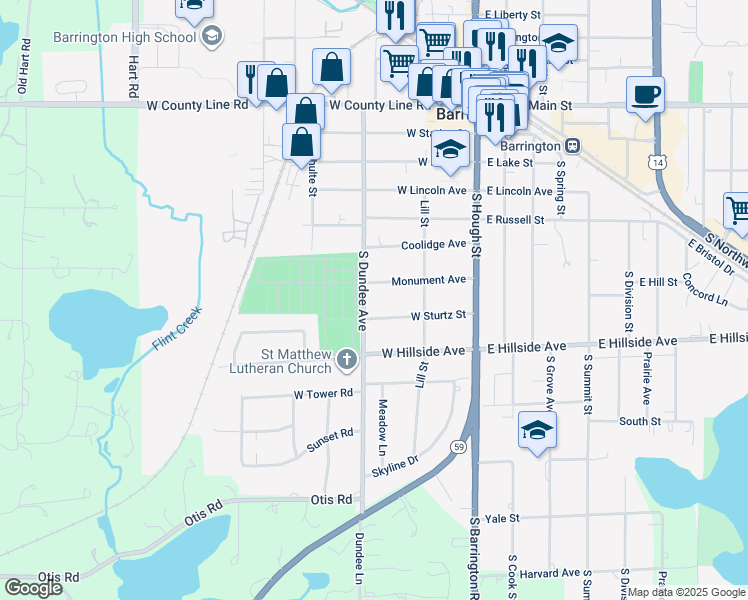 map of restaurants, bars, coffee shops, grocery stores, and more near 239 Monument Avenue in Barrington