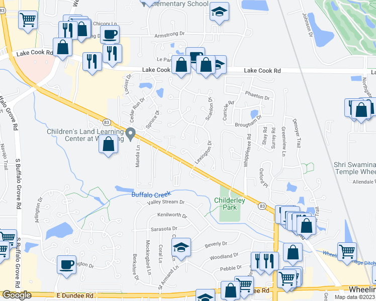 map of restaurants, bars, coffee shops, grocery stores, and more near 1114 Woodbury Lane in Wheeling