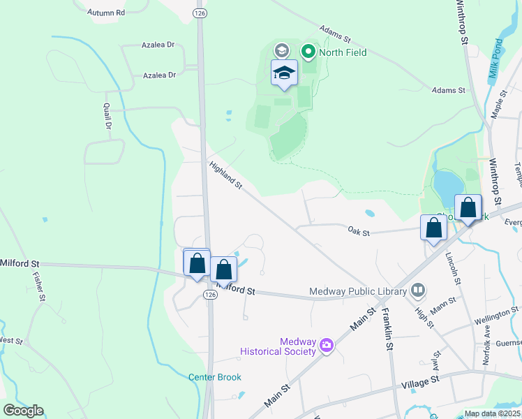 map of restaurants, bars, coffee shops, grocery stores, and more near 30 Highland Street in Medway