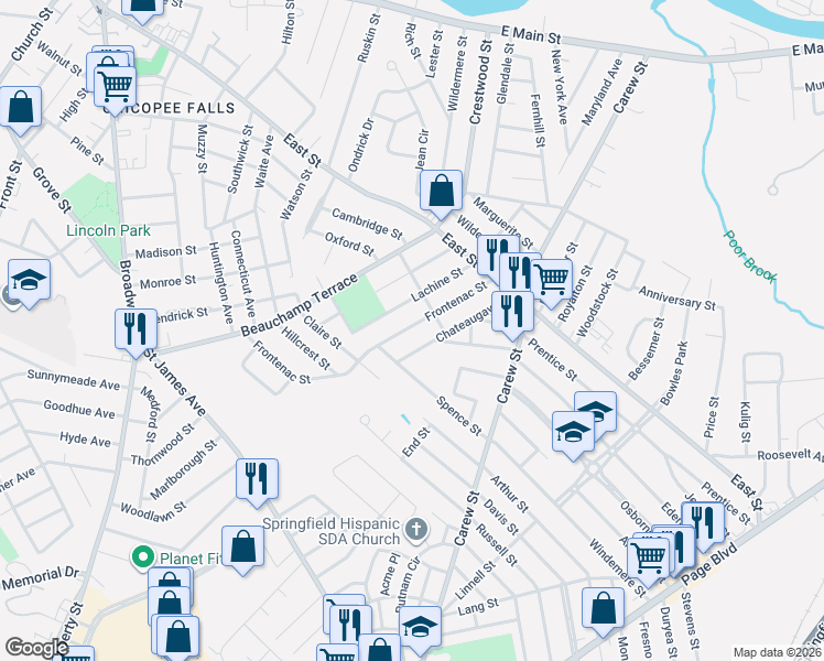 map of restaurants, bars, coffee shops, grocery stores, and more near 88 Frontenac Street in Chicopee