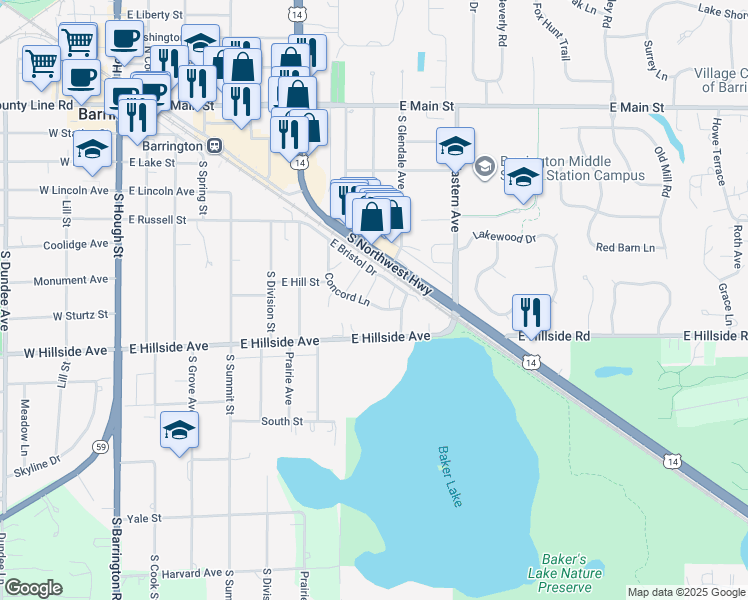 map of restaurants, bars, coffee shops, grocery stores, and more near 792 Concord Lane in Barrington
