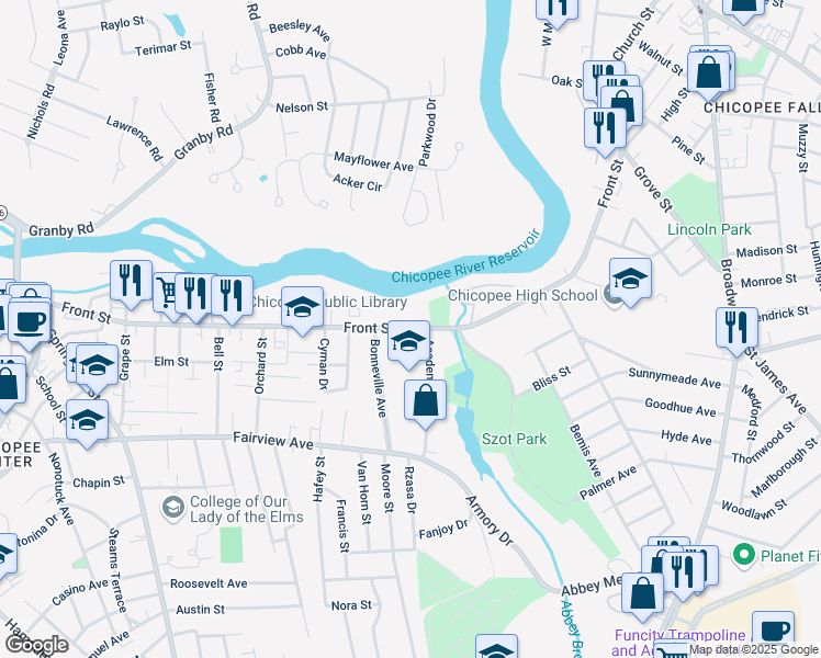 map of restaurants, bars, coffee shops, grocery stores, and more near 650 Front Street in Chicopee