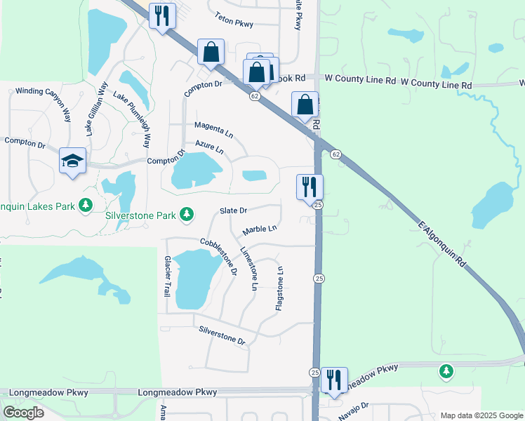 map of restaurants, bars, coffee shops, grocery stores, and more near 6778 Slate Drive in Carpentersville