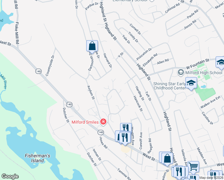 map of restaurants, bars, coffee shops, grocery stores, and more near 13 Country Club Lane in Milford