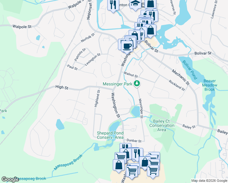 map of restaurants, bars, coffee shops, grocery stores, and more near 366 Washington Street in Canton