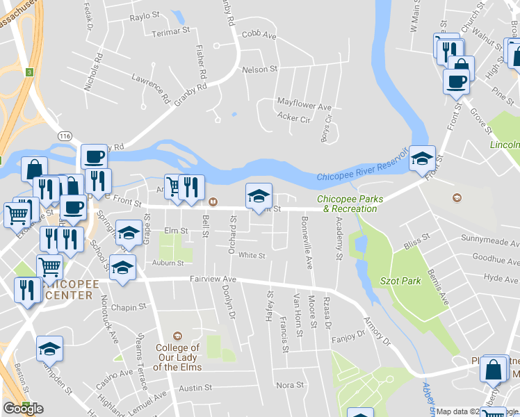 map of restaurants, bars, coffee shops, grocery stores, and more near 529 Front Street in Chicopee