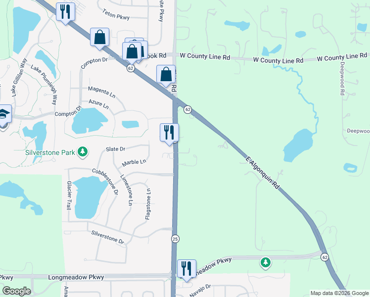 map of restaurants, bars, coffee shops, grocery stores, and more near 2113 Elgin Road in Barrington