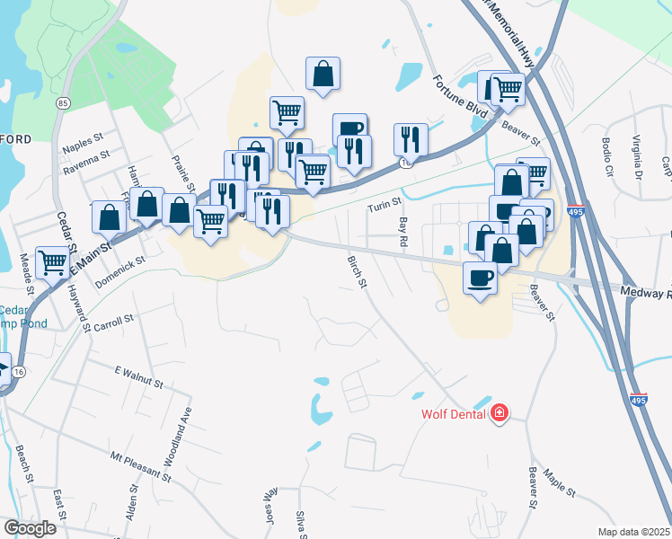 map of restaurants, bars, coffee shops, grocery stores, and more near 11 Birch Street in Milford