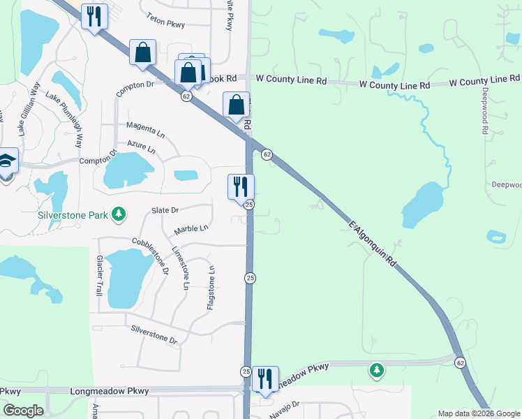 map of restaurants, bars, coffee shops, grocery stores, and more near 2119 Illinois 25 in Barrington