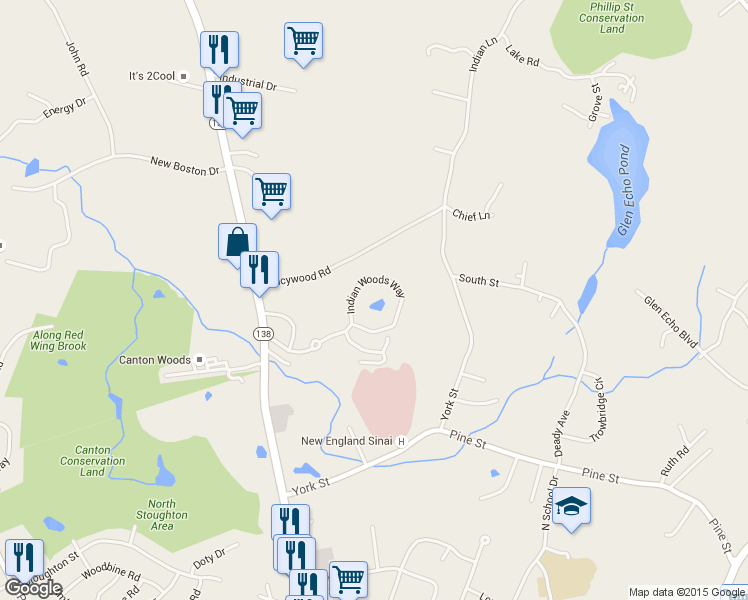map of restaurants, bars, coffee shops, grocery stores, and more near 06 Indian Woods Way in Canton