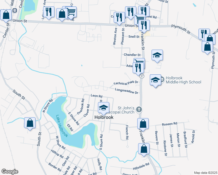 map of restaurants, bars, coffee shops, grocery stores, and more near 30 Technical Park Drive in Holbrook