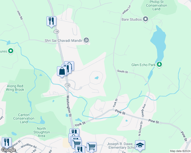 map of restaurants, bars, coffee shops, grocery stores, and more near 45 Indian Woods Way in Canton