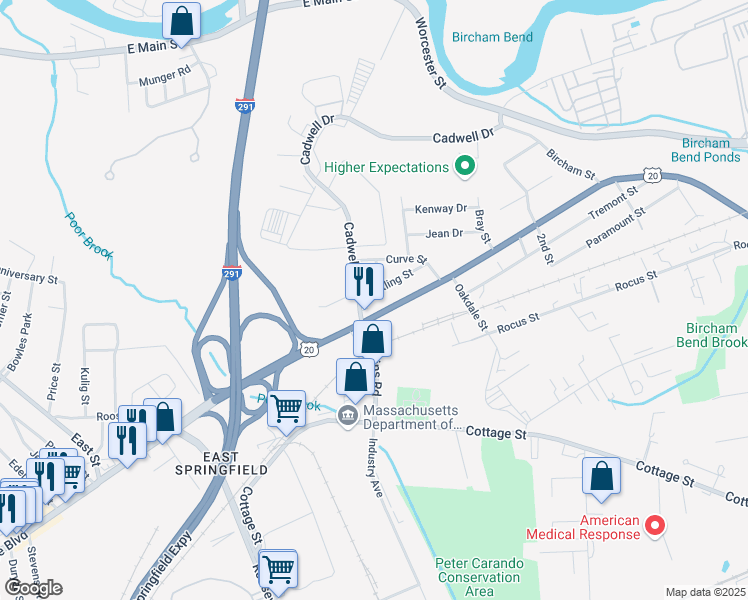 map of restaurants, bars, coffee shops, grocery stores, and more near 31 Watling Street in Springfield
