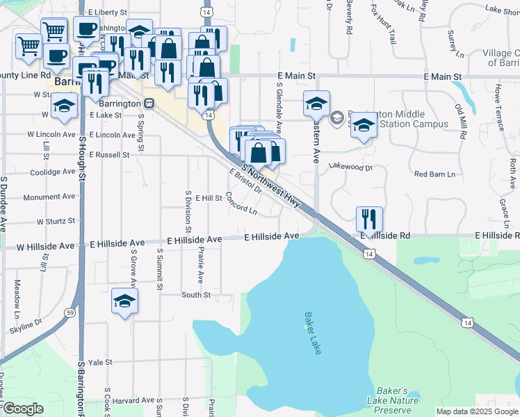 map of restaurants, bars, coffee shops, grocery stores, and more near 792 Concord Lane in Barrington