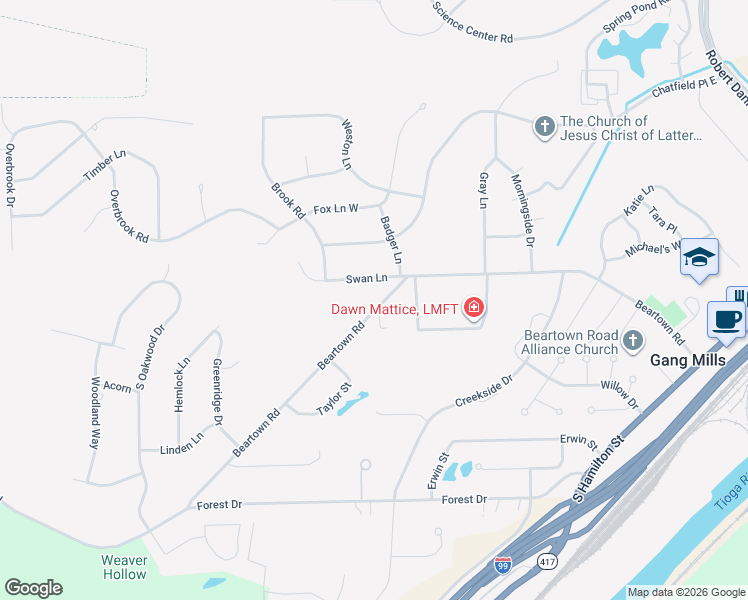 map of restaurants, bars, coffee shops, grocery stores, and more near 9 Swan Lane in Painted Post