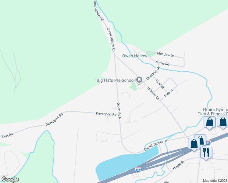 map of restaurants, bars, coffee shops, grocery stores, and more near 91 Olcott Rd N in Big Flats