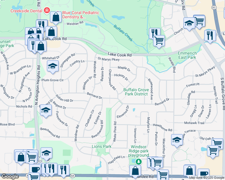 map of restaurants, bars, coffee shops, grocery stores, and more near 320 Cherrywood Road in Buffalo Grove