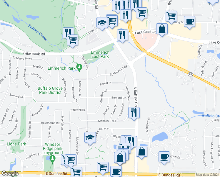 map of restaurants, bars, coffee shops, grocery stores, and more near 164 Glendale Road in Buffalo Grove