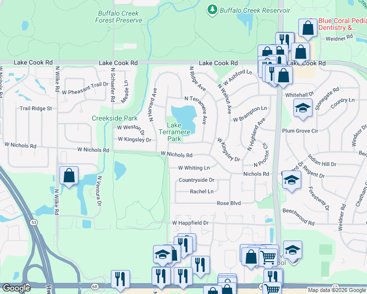 map of restaurants, bars, coffee shops, grocery stores, and more near 814 West Kingsley Drive in Arlington Heights