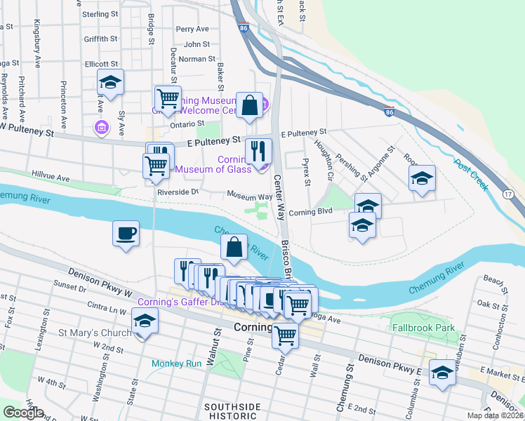 map of restaurants, bars, coffee shops, grocery stores, and more near 127 Center Way in Corning