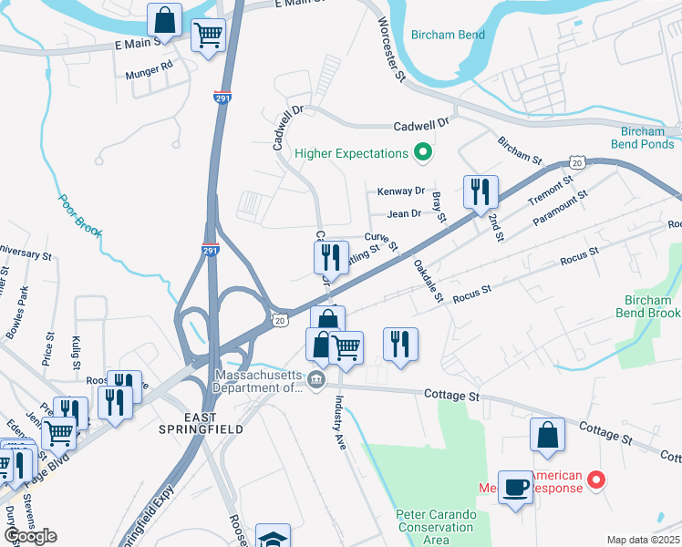 map of restaurants, bars, coffee shops, grocery stores, and more near 31 Watling Street in Springfield