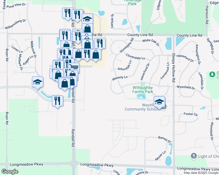map of restaurants, bars, coffee shops, grocery stores, and more near 2036 Waverly Lane in Algonquin
