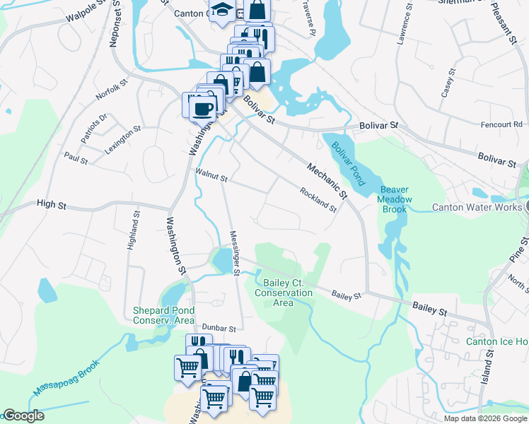 map of restaurants, bars, coffee shops, grocery stores, and more near 5 Walnut Knolls in Canton