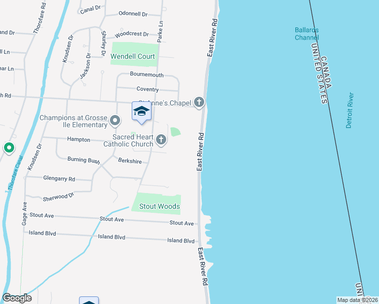 map of restaurants, bars, coffee shops, grocery stores, and more near 21599 Parke Lane in Grosse Ile Township