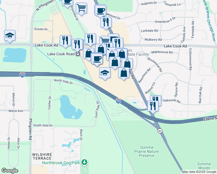 map of restaurants, bars, coffee shops, grocery stores, and more near 158 South Waukegan Road in Deerfield