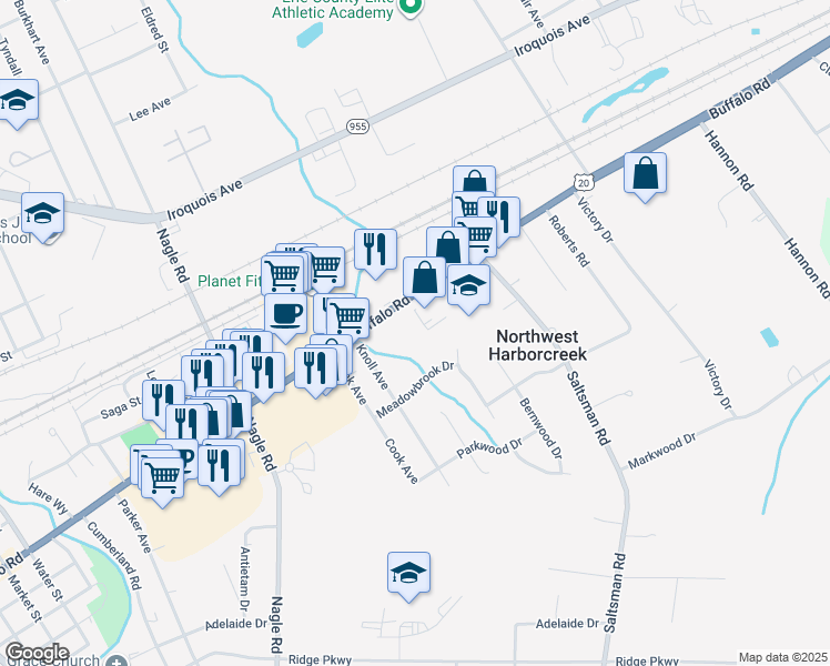 map of restaurants, bars, coffee shops, grocery stores, and more near 4655 Buffalo Rd in Erie