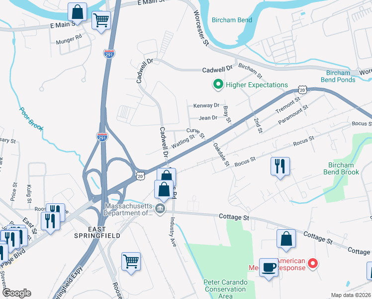 map of restaurants, bars, coffee shops, grocery stores, and more near 31 Watling Street in Springfield