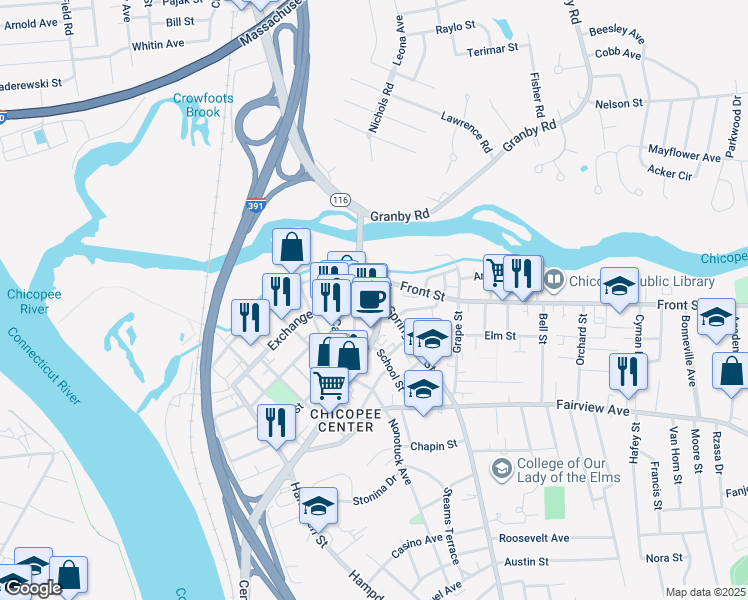 map of restaurants, bars, coffee shops, grocery stores, and more near in Chicopee