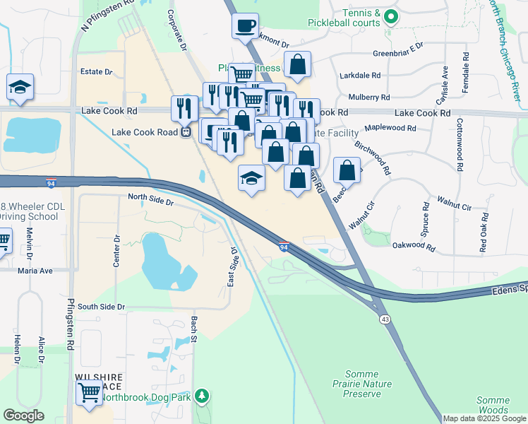 map of restaurants, bars, coffee shops, grocery stores, and more near 158 South Waukegan Road in Deerfield