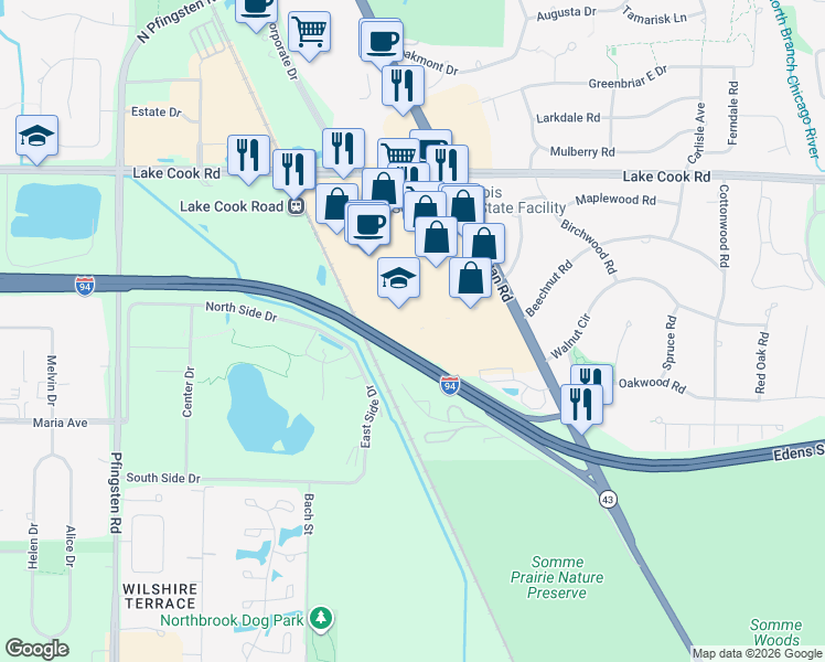 map of restaurants, bars, coffee shops, grocery stores, and more near 158 South Waukegan Road in Deerfield