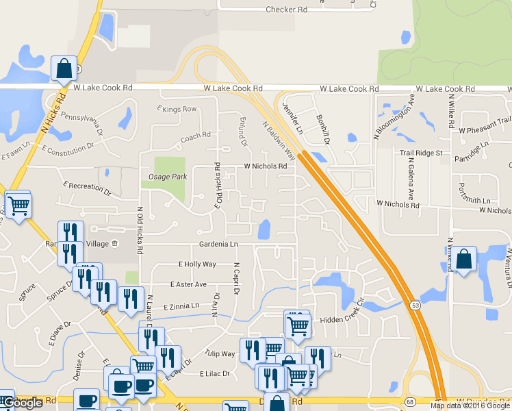 map of restaurants, bars, coffee shops, grocery stores, and more near 2014 North Hancock Court in Palatine