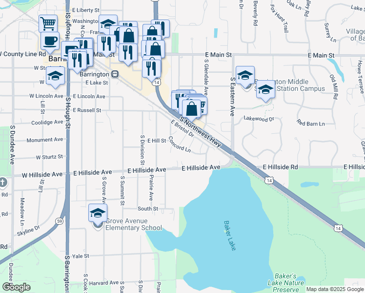 map of restaurants, bars, coffee shops, grocery stores, and more near 734 Concord Lane in Barrington