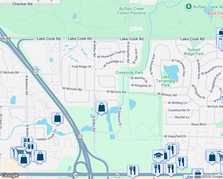 map of restaurants, bars, coffee shops, grocery stores, and more near 4010 West Newport Lane in Arlington Heights
