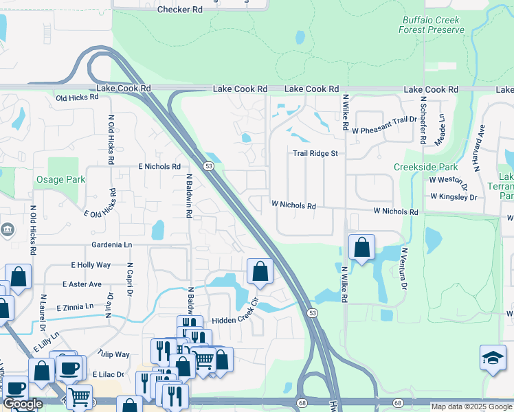 map of restaurants, bars, coffee shops, grocery stores, and more near 3904 Newport Way in Arlington Heights