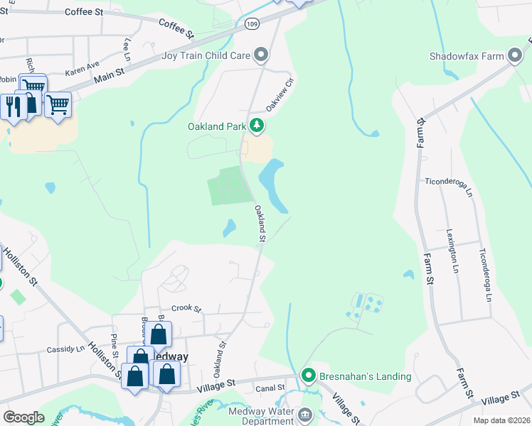 map of restaurants, bars, coffee shops, grocery stores, and more near 58 Oakland Street in Medway