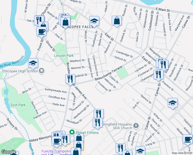 map of restaurants, bars, coffee shops, grocery stores, and more near 105 Hendrick Street in Chicopee
