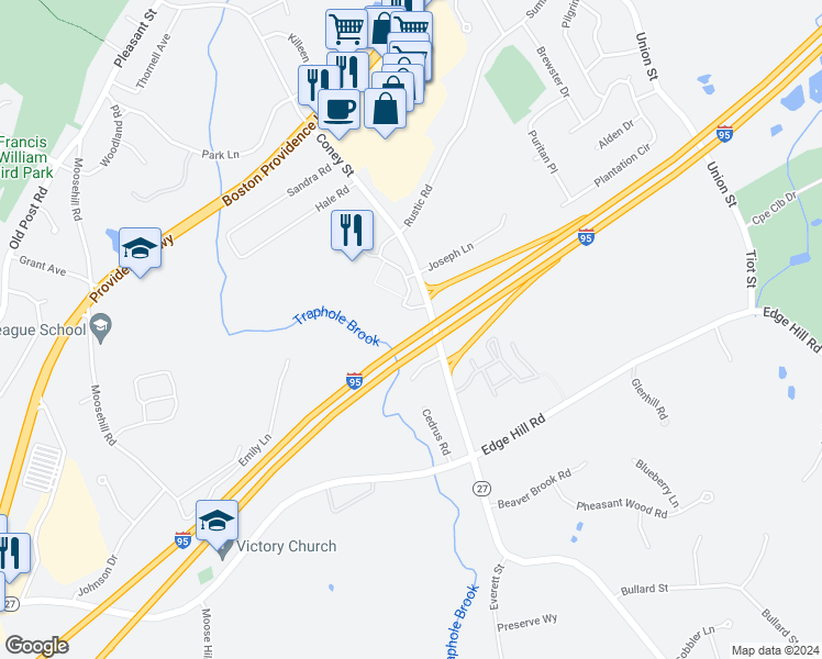 map of restaurants, bars, coffee shops, grocery stores, and more near 2703 Coney Street in Walpole