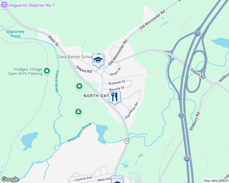map of restaurants, bars, coffee shops, grocery stores, and more near 13 Beverly Street in Oxford