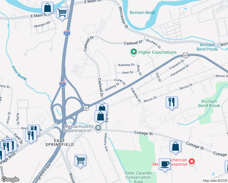 map of restaurants, bars, coffee shops, grocery stores, and more near 31 Watling Street in Springfield