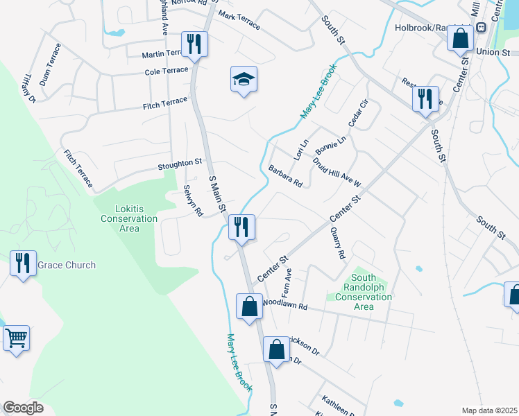 map of restaurants, bars, coffee shops, grocery stores, and more near 25 Hillsdale Road in Randolph