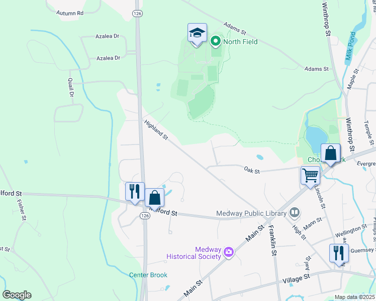 map of restaurants, bars, coffee shops, grocery stores, and more near 30 Highland Street in Medway
