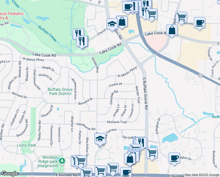 map of restaurants, bars, coffee shops, grocery stores, and more near 254 Forest Place in Buffalo Grove