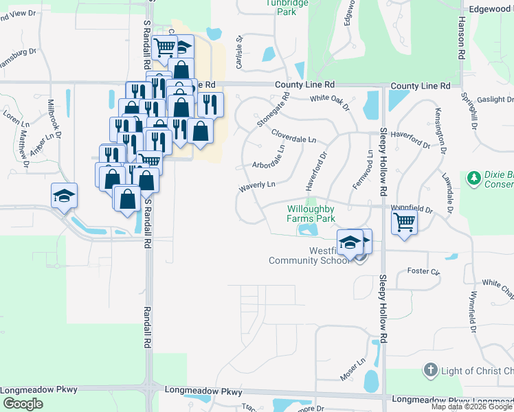 map of restaurants, bars, coffee shops, grocery stores, and more near 24 Stonegate Court in Algonquin