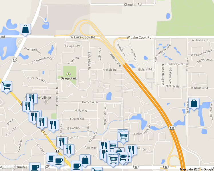 map of restaurants, bars, coffee shops, grocery stores, and more near 1968 North Jamestown Drive in Palatine