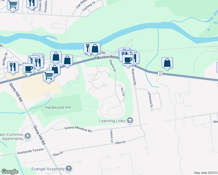 map of restaurants, bars, coffee shops, grocery stores, and more near 2205 Boston Road in Wilbraham