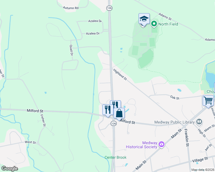 map of restaurants, bars, coffee shops, grocery stores, and more near 59 Summer Street in Medway